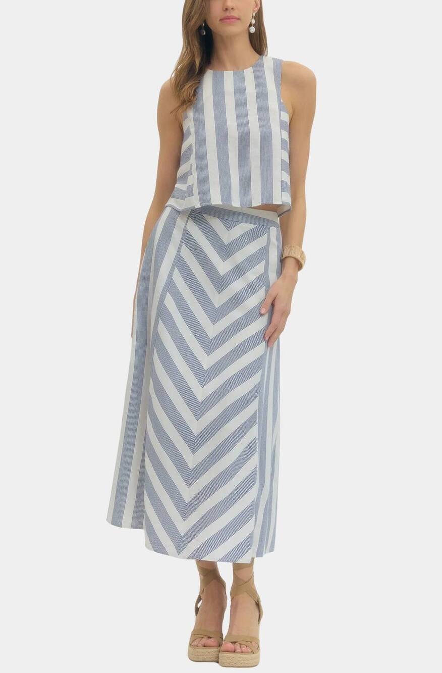 NEW ENTRO nantucket striped sleeveless top and midi skirt set in blue
